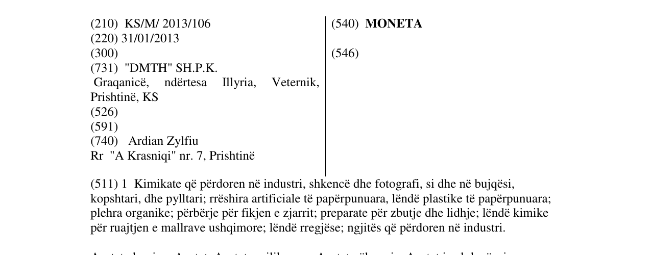 Zëri i markës MONETA në buletin