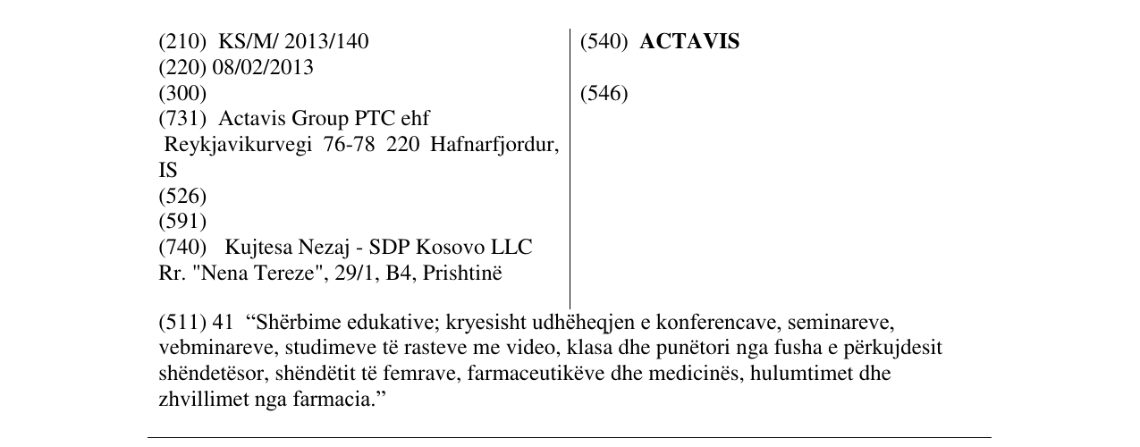 Zëri i markës ACTAVIS në buletin