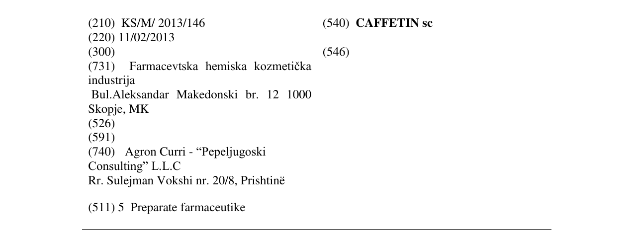 Zëri i markës CAFFETIN sc në buletin