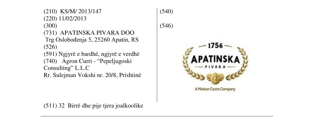 Der Eintrag der Marke APATINSKA im Bulletin