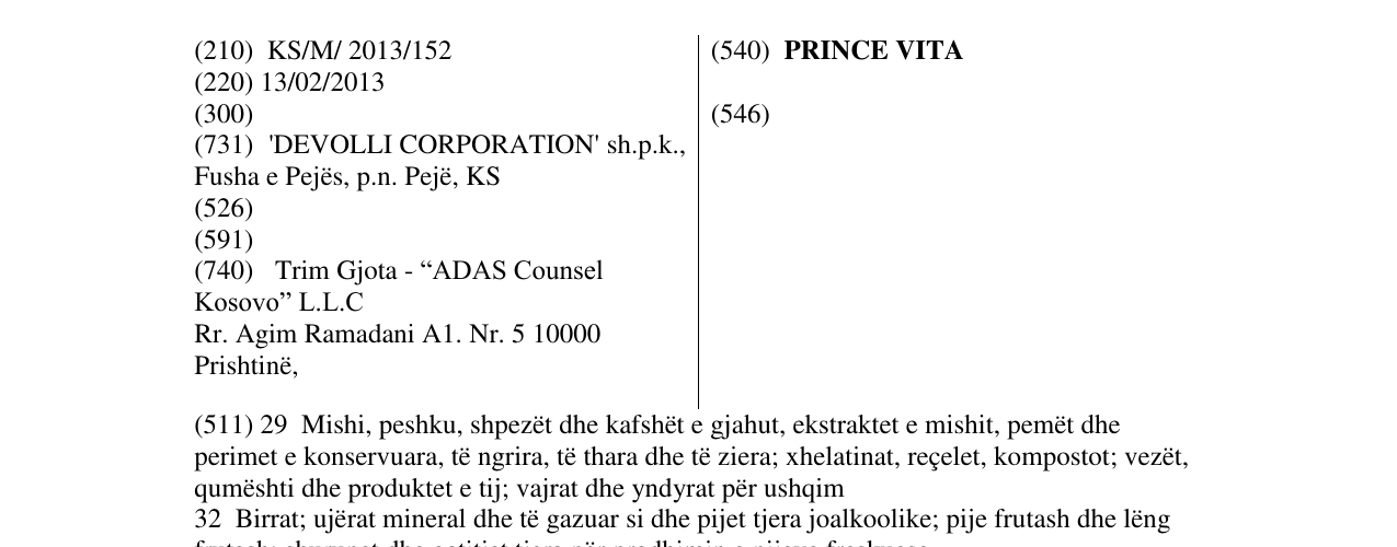 Zëri i markës PRINCE VITA në buletin