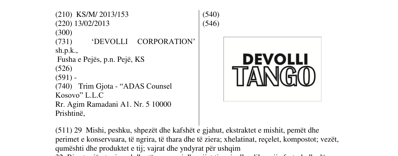 Zëri i markës DEVOLLI TANGO në buletin