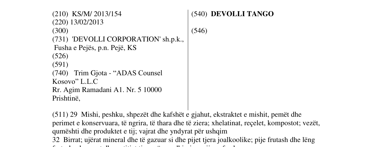 Zëri i markës DEVOLLI TANGO në buletin