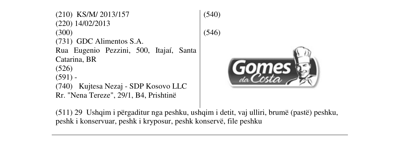 Zëri i markës Gomes da Costa në buletin