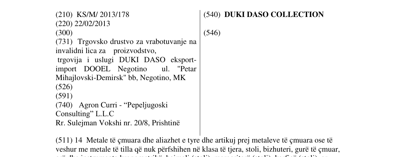 Zëri i markës DUKI DASO COLLECTION në buletin