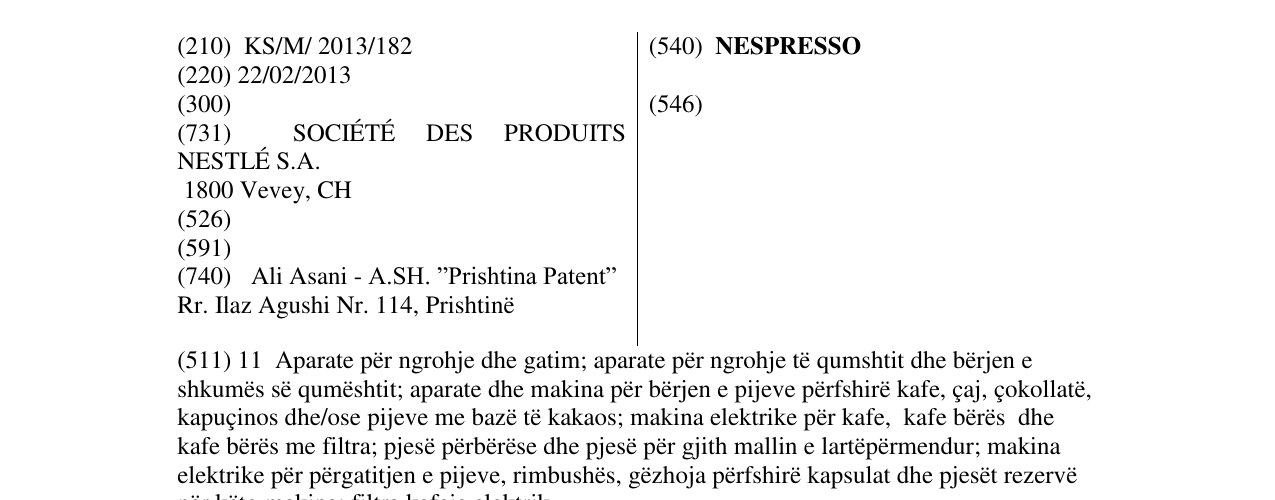 Zëri i markës NESPRESSO në buletin