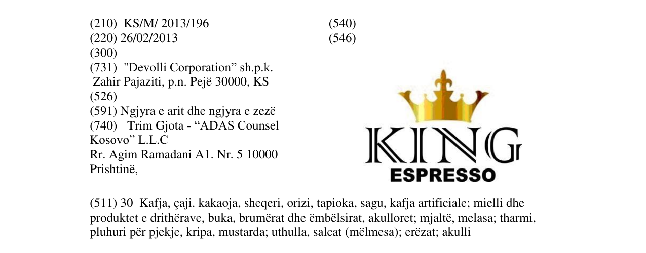 Zëri i markës KING ESPRESSO në buletin