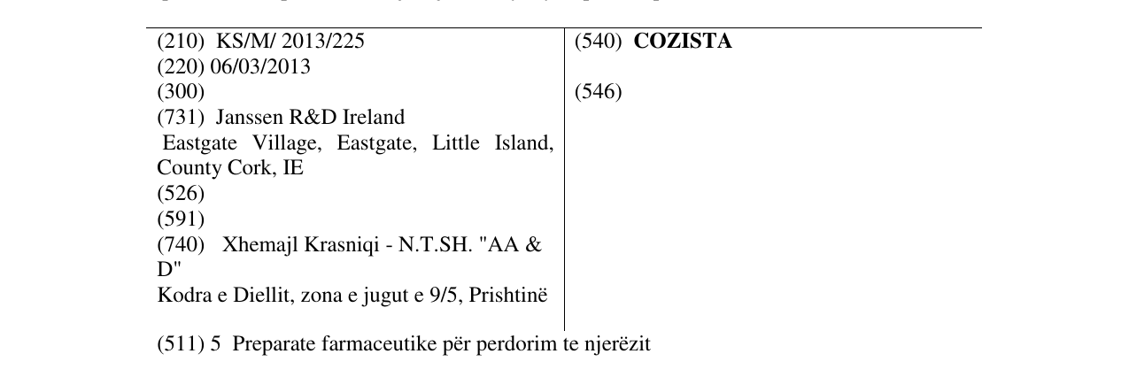 Zëri i markës COZISTA në buletin