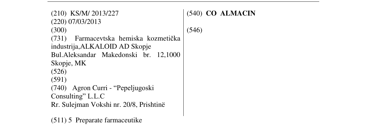 Zëri i markës CO ALMACIN në buletin