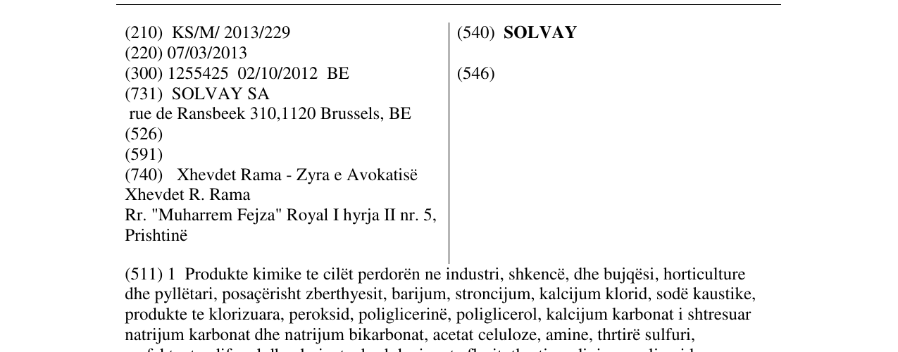 Zëri i markës SOLVAY në buletin