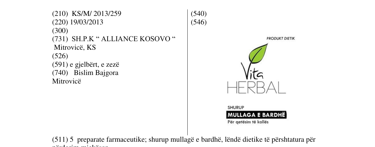 Zëri i markës Vita HERBAL shurup Mullaga e Bardhë në buletin