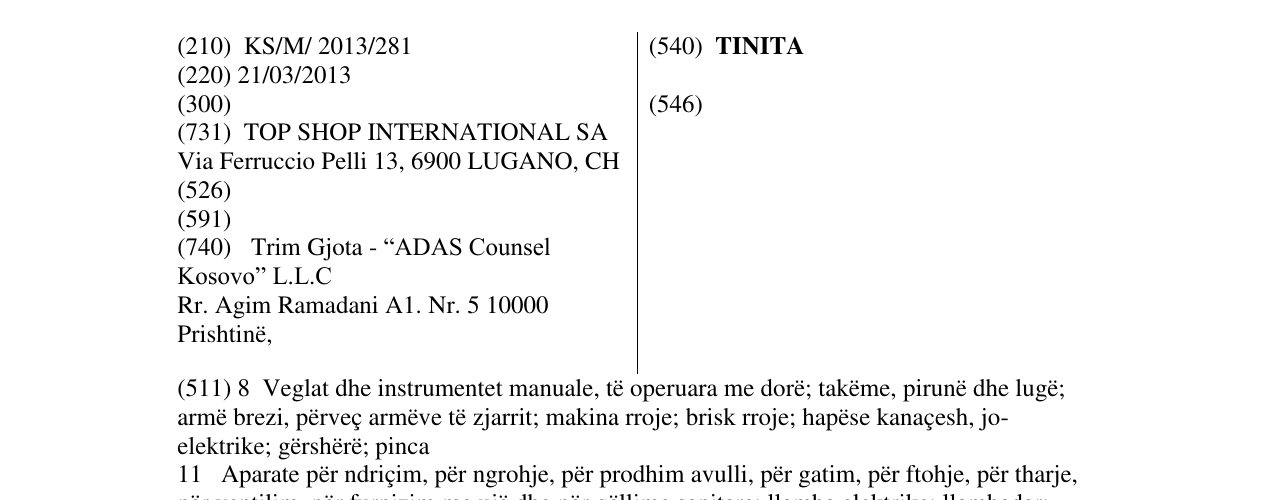 Zëri i markës TINITA në buletin
