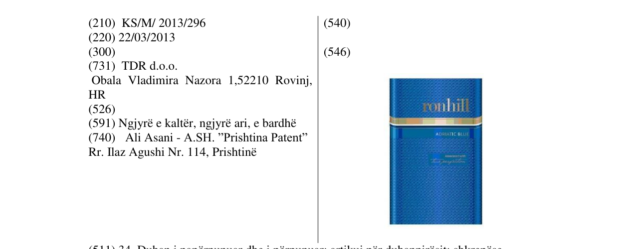 Zëri i markës ronhill Adriatic Blue në buletin