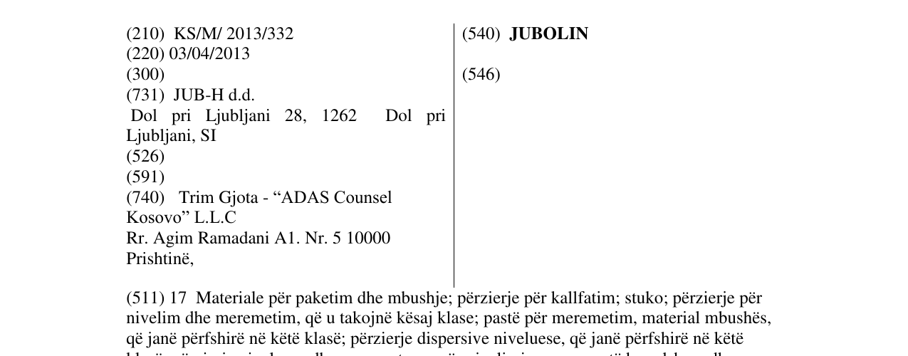 Zëri i markës JUBOLIN në buletin