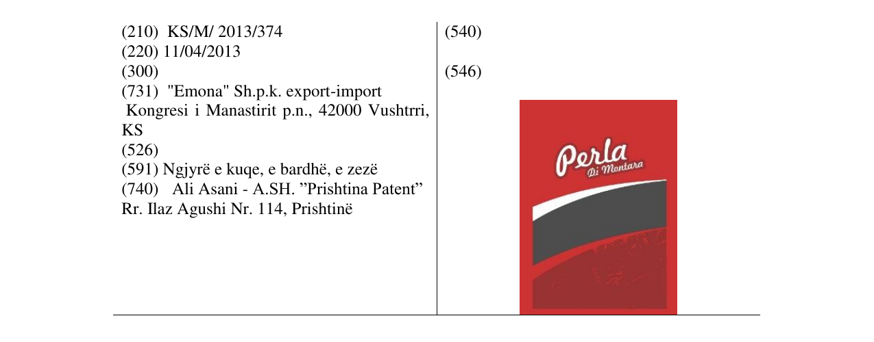 Zëri i markës Perla Di Montara në buletin