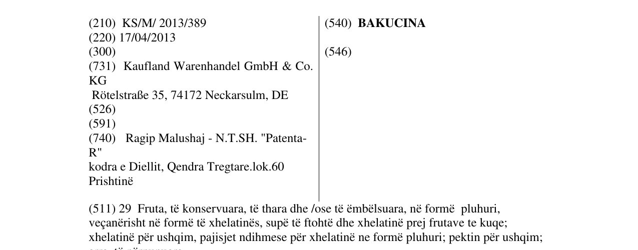 La voce del marchio BAKUCINA nel bollettino