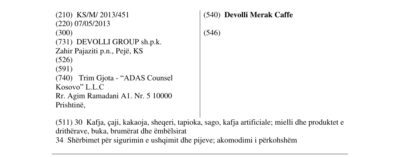 Zëri i markës Devolli Merak Caffe në buletin