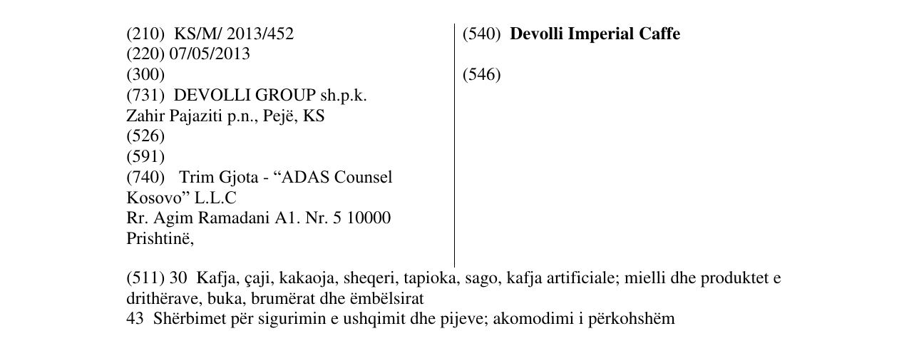 Zëri i markës Devolli Imperial Caffe në buletin