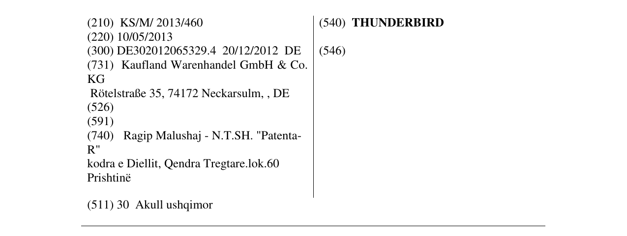 Zëri i markës THUNDERBIRD në buletin