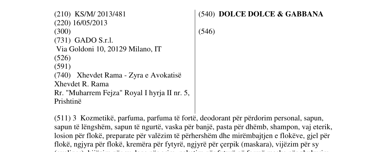 Zëri i markës DOLCE DOLCE & GABBANA në buletin