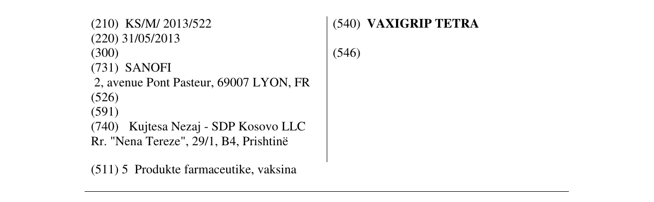 Zëri i markës VAXIGRIP TETRA në buletin