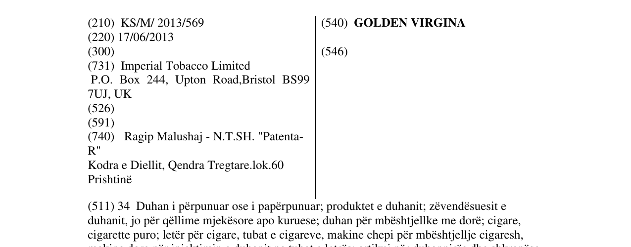 Zëri i markës GOLDEN VIRGINA në buletin