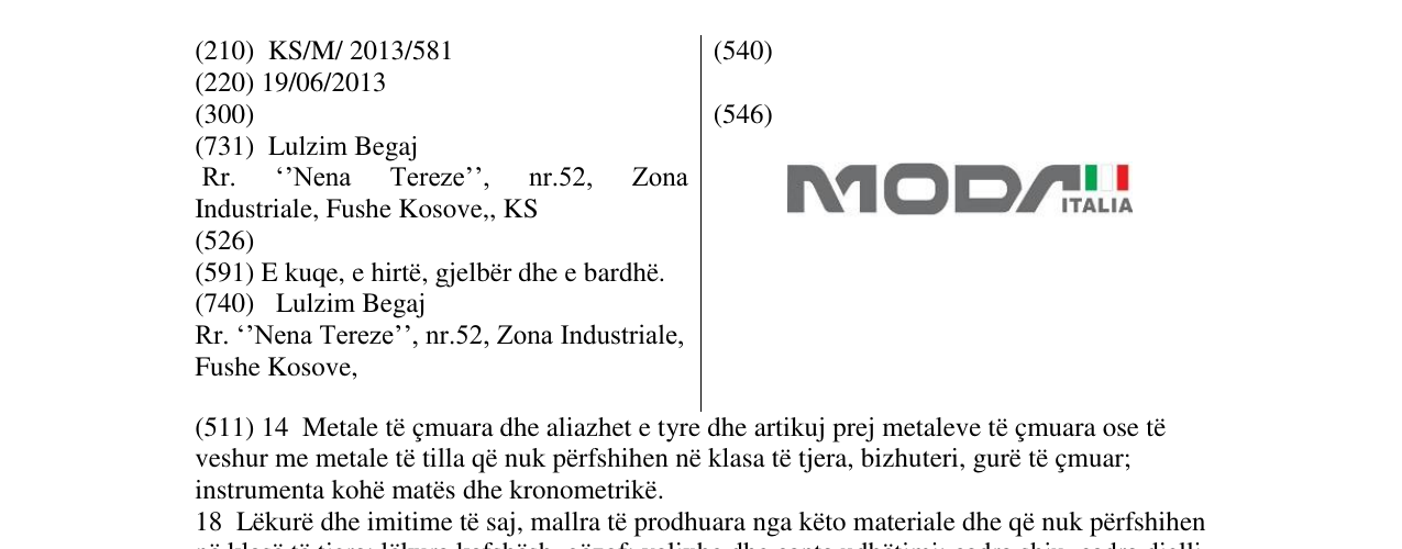Zëri i markës MODA ITALIA në buletin