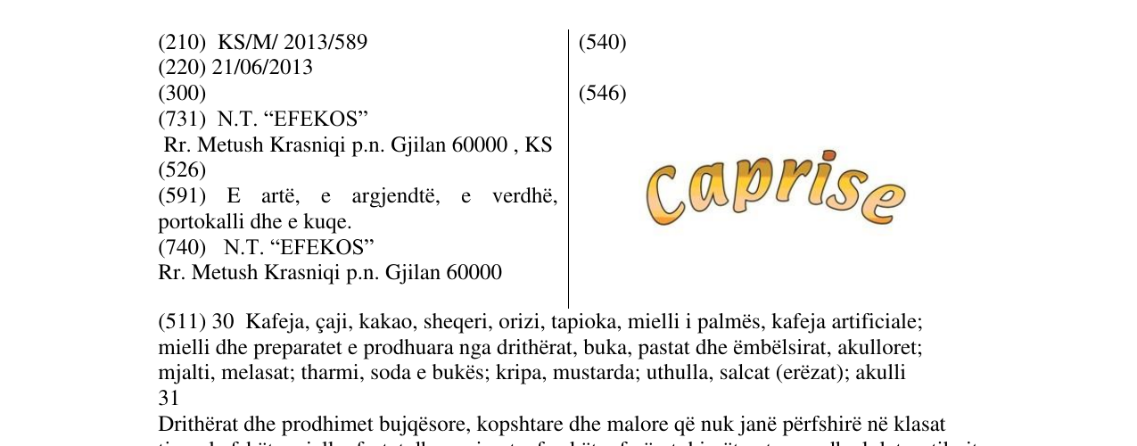 Zëri i markës Caprise në buletin