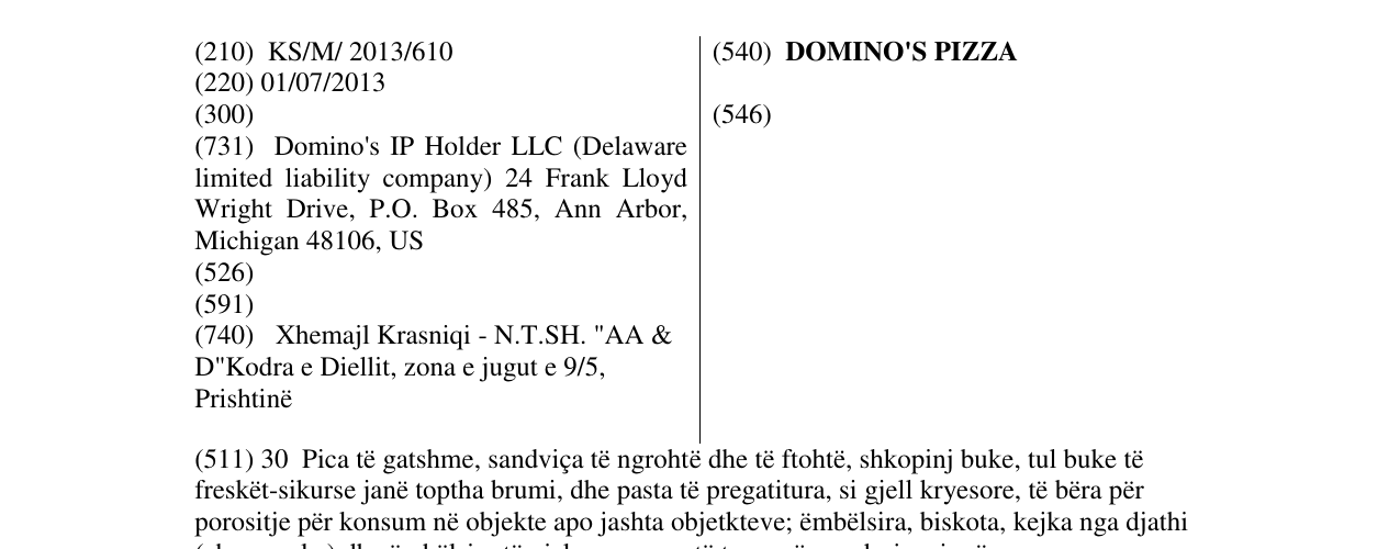 Zëri i markës DOMINO'S PIZZA në buletin