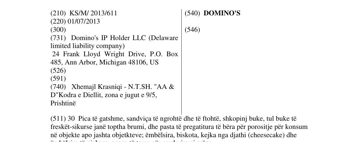 Zëri i markës DOMINO'S në buletin