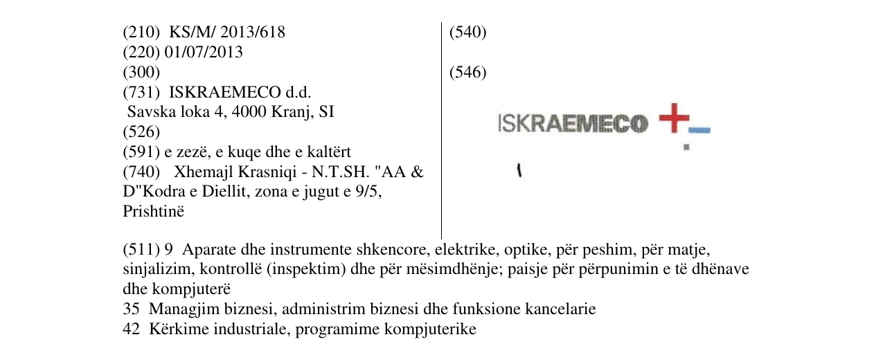 Zëri i markës ISKRAEMECO + -. në buletin