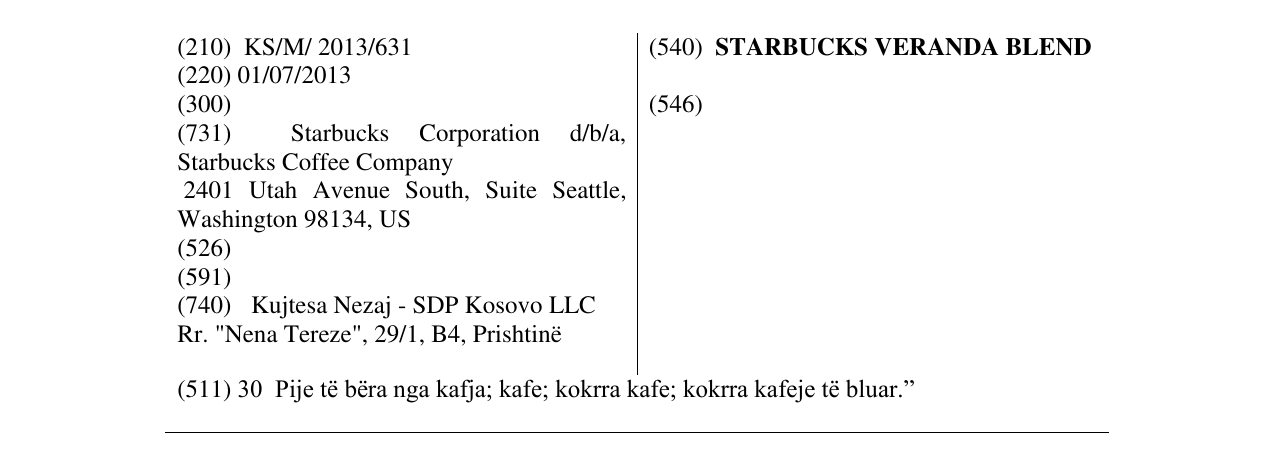 Zëri i markës STARBUCKS VERANDA BLEND në buletin