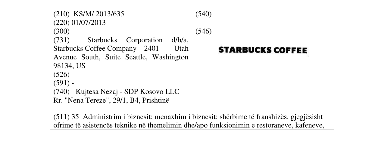 Zëri i markës STARBUCKS COFFEE në buletin