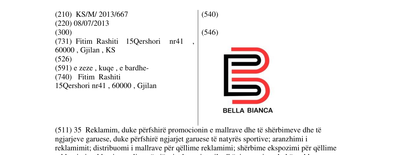 Zëri i markës B BELLA BIANCA në buletin