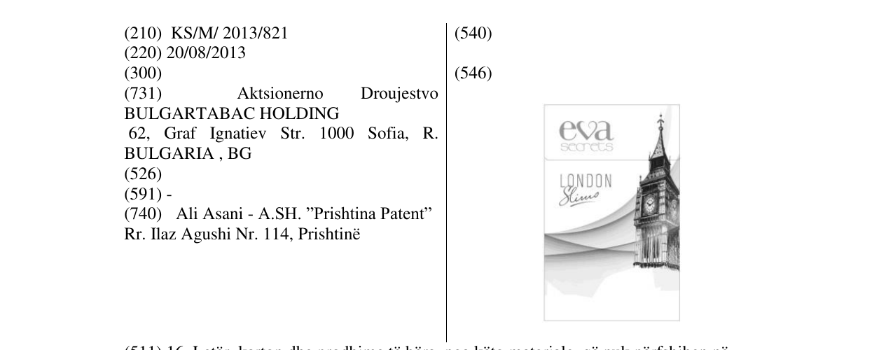 Zëri i markës EVA LONDON në buletin
