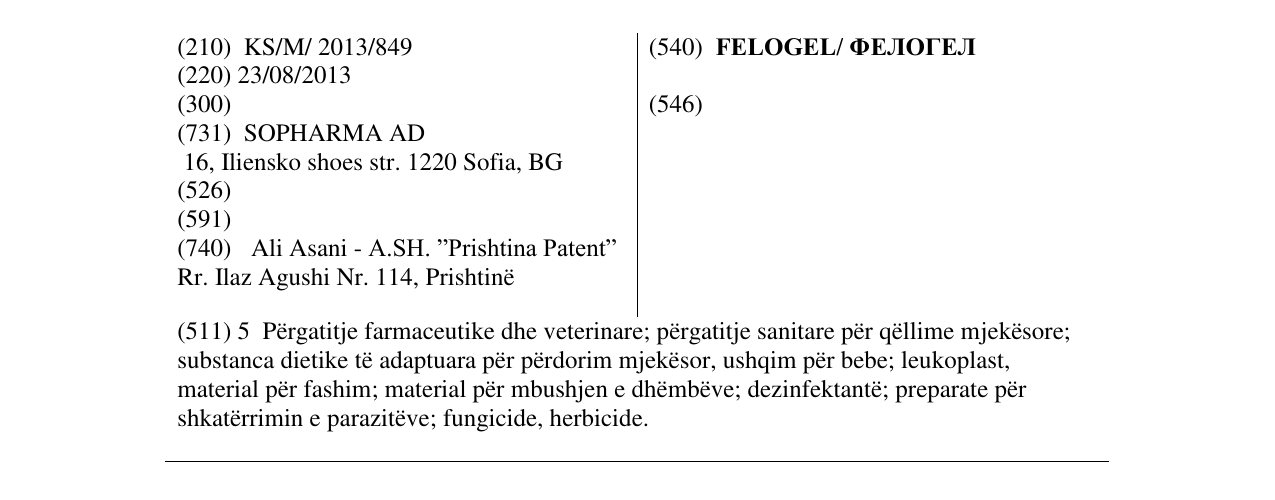 Zëri i markës FELOGEL/ ΦEЛOΓEЛ në buletin