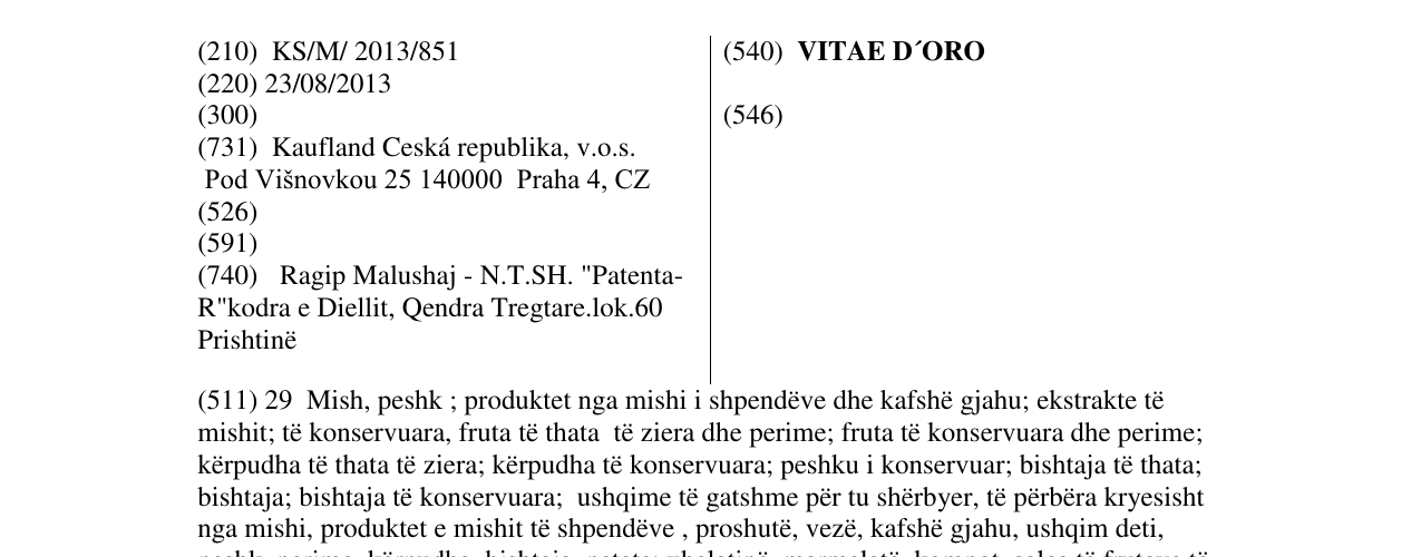 Zëri i markës VITAE D´ORO në buletin