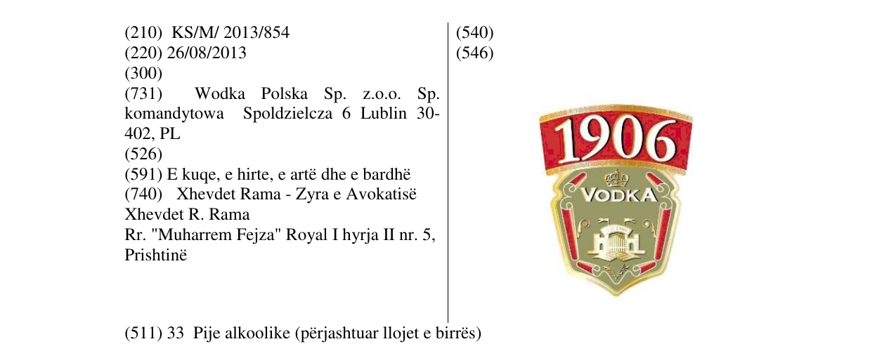 Zëri i markës 1906 VODKA në buletin