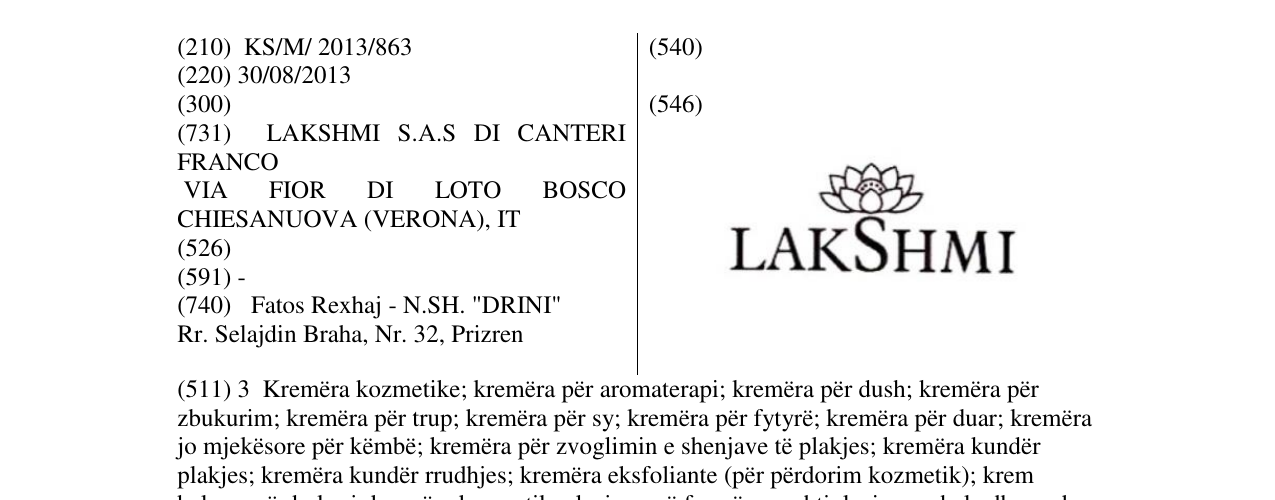 Zëri i markës LAKSHMI në buletin