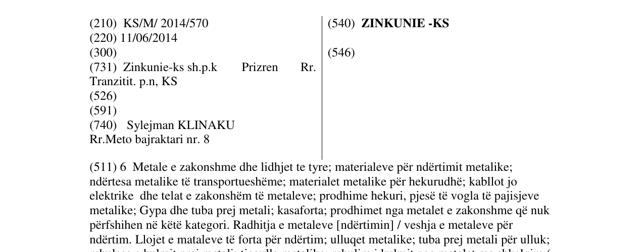 Zëri i markës ZINKUNIE -KS në buletin