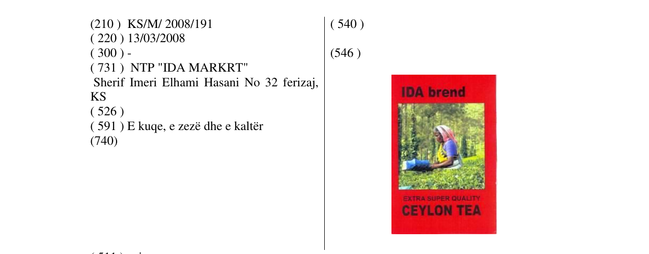 Zëri i markës IDA brend CEYLON TEA në buletin