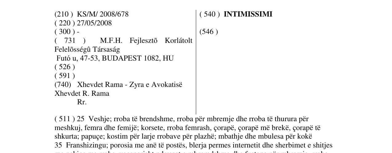 Zëri i markës INTIMISSIMI në buletin