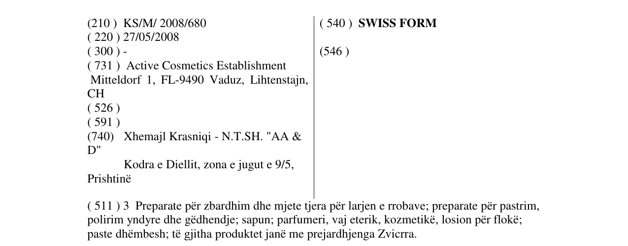 Zëri i markës SWISS FORM në buletin