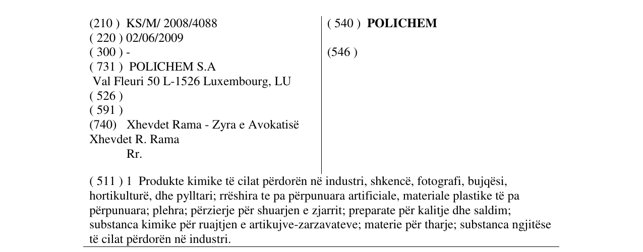 Zëri i markës POLICHEM në buletin
