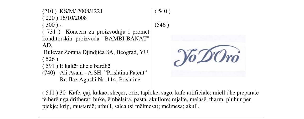 Der Eintrag der Marke YO D'ORO im Bulletin