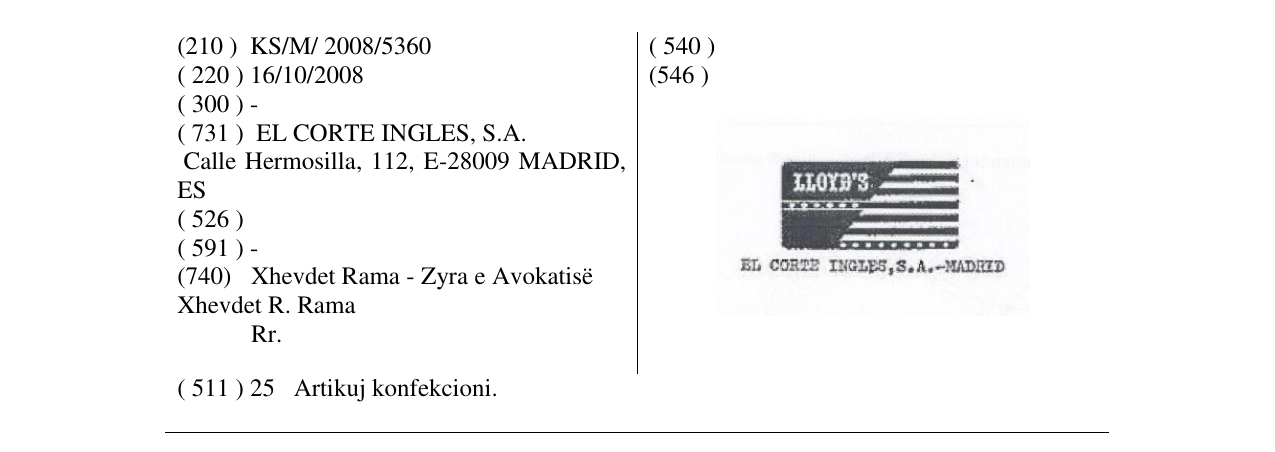 Zëri i markës EL CORTE INGLES në buletin