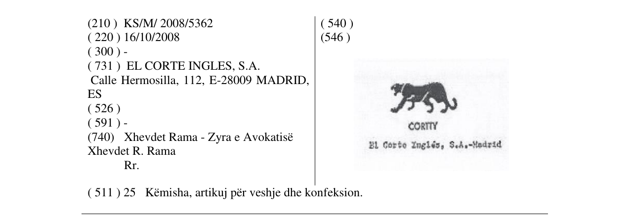 Zëri i markës CORTTY El Corto Ingles, S.A.-Madrid në buletin