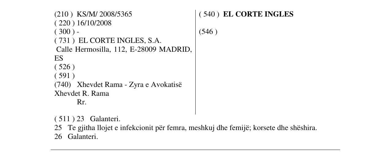 Zëri i markës EL CORTE INGLES në buletin