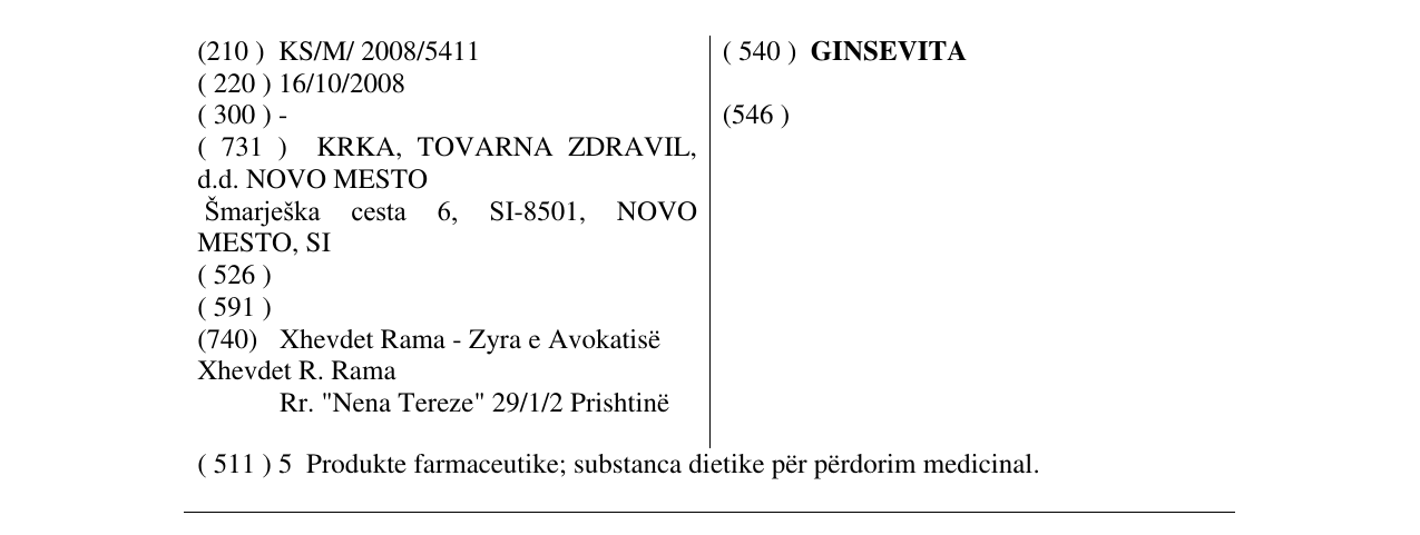 Zëri i markës GINSEVITA në buletin