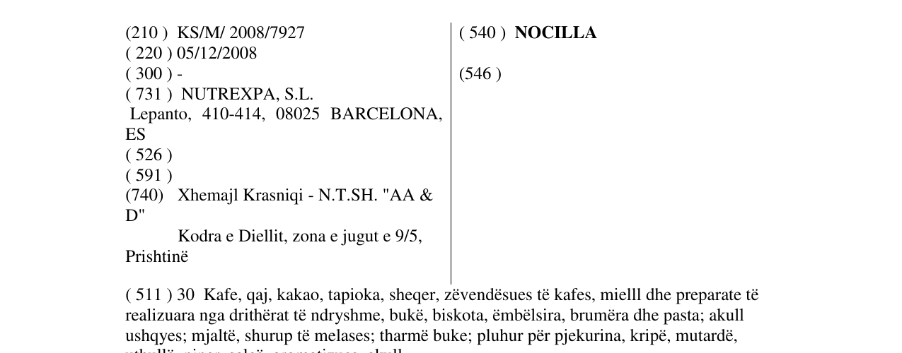 Zëri i markës NOCILLA në buletin